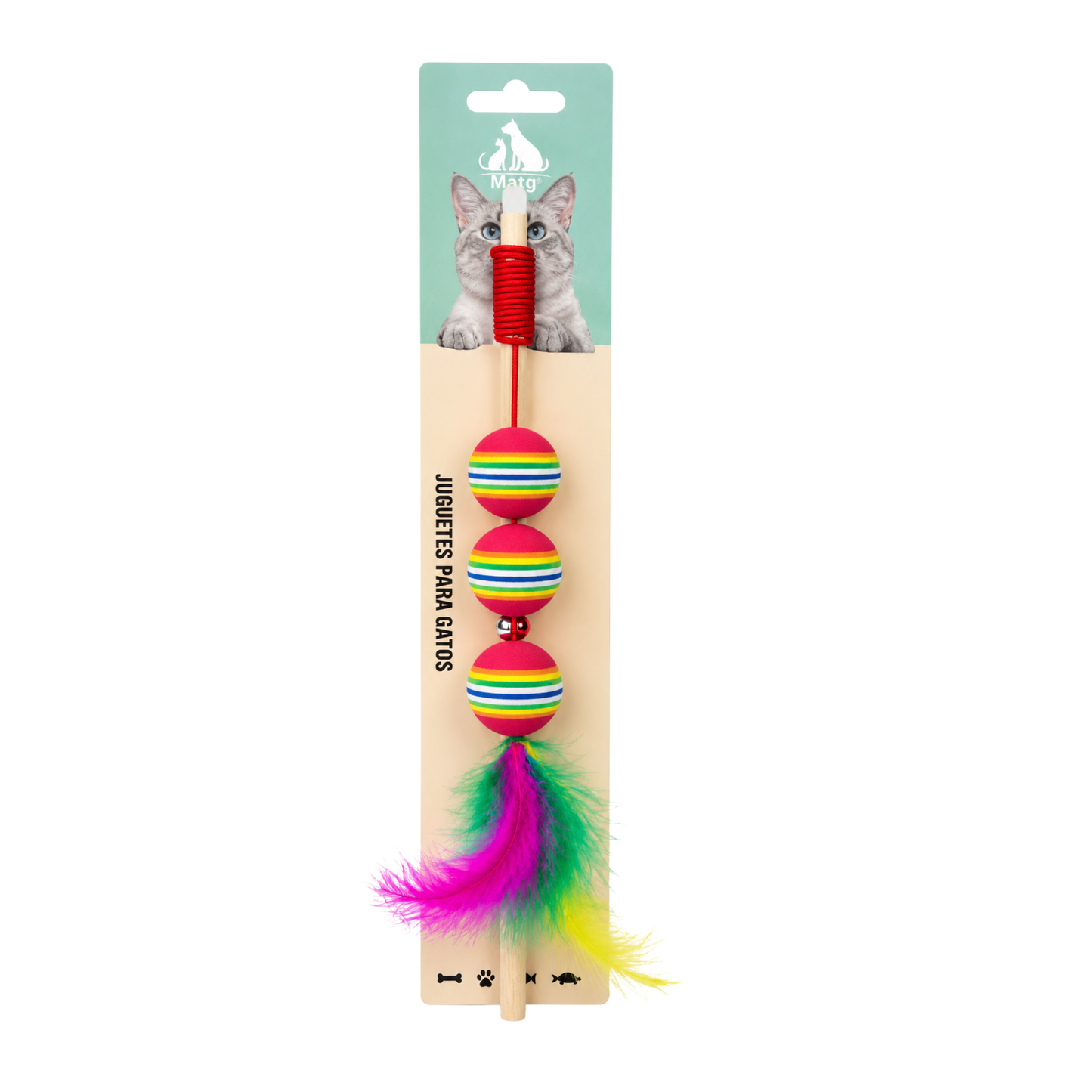 Vara interactiva para gatos con plumas y pelotas